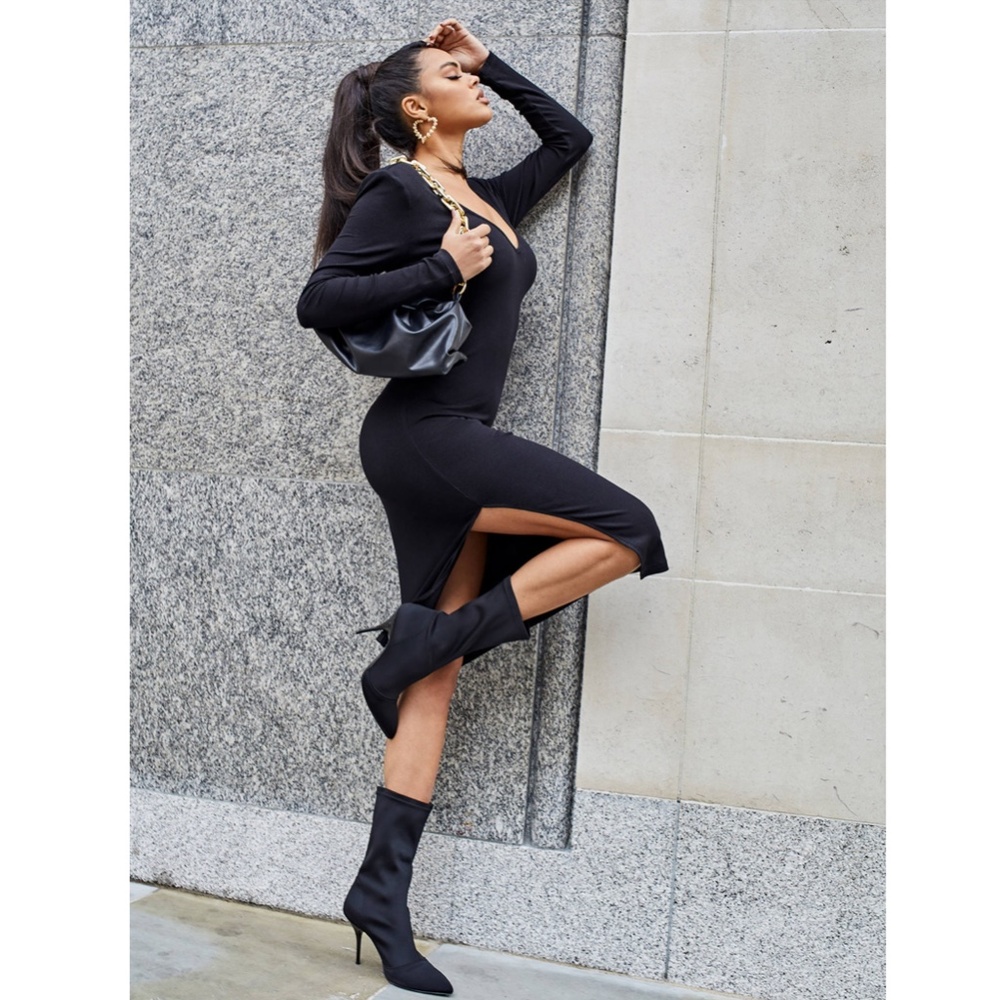 Open Back Black V-Neck Midi Leg Slit Dress - Picture 5 of 9